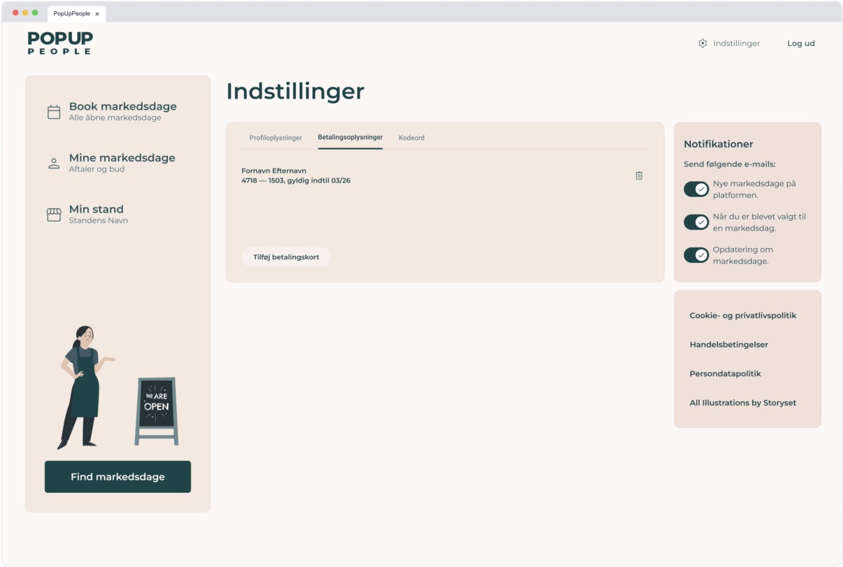 Settings page payment tab displaying saved credit-card details with an option to add a new card, alongside sidebar notification toggles.